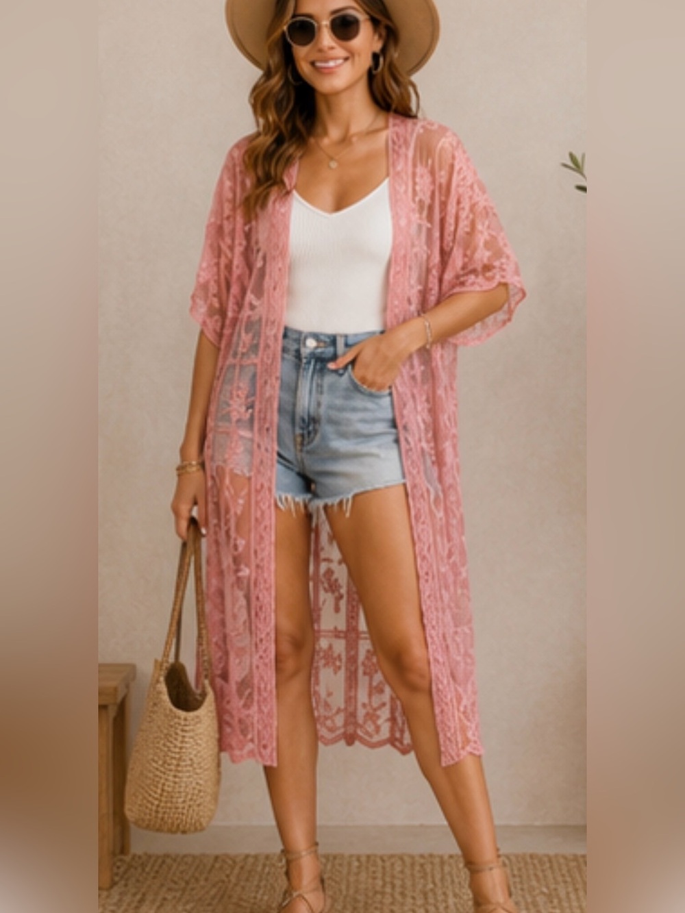 Dusty Rose Embroidered‎ Lace Kimono Duster Boho Festival Cardigan Coverup